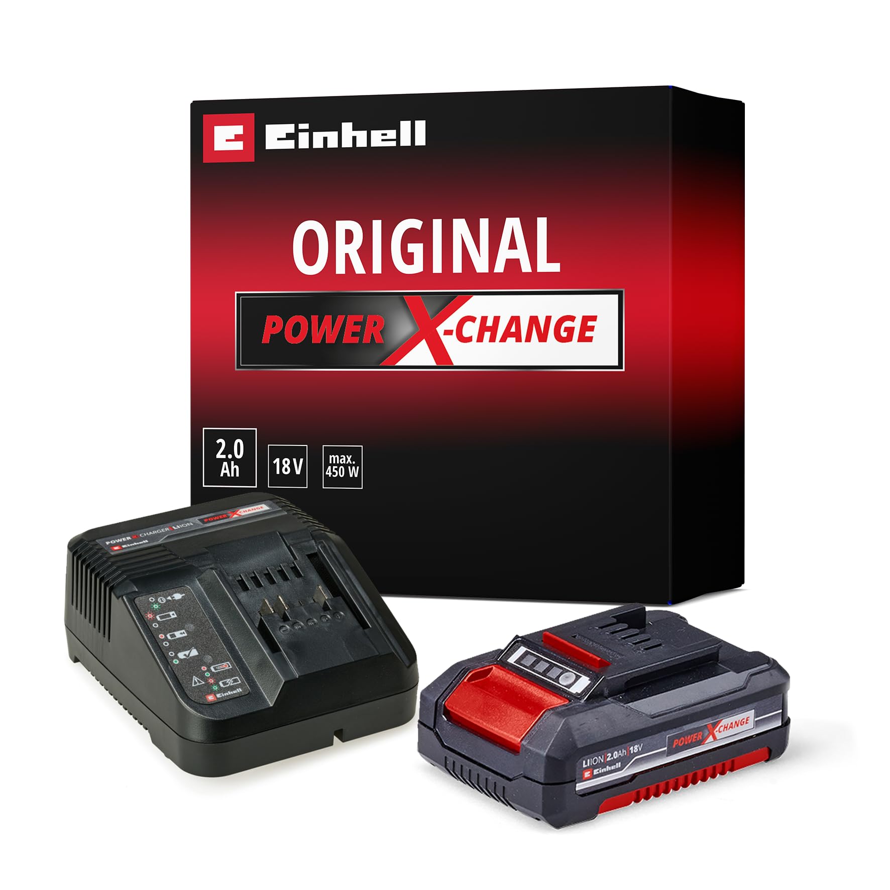 Einhell 4512040 Starter Kit Akku und Ladegerät Power X-Change (Lithium Ionen, 18 V, Schnellladegerät, passend für alle Power X-Change Geräte), Schwarz, Rot, 2,0 Ah Akku / 450 Watt