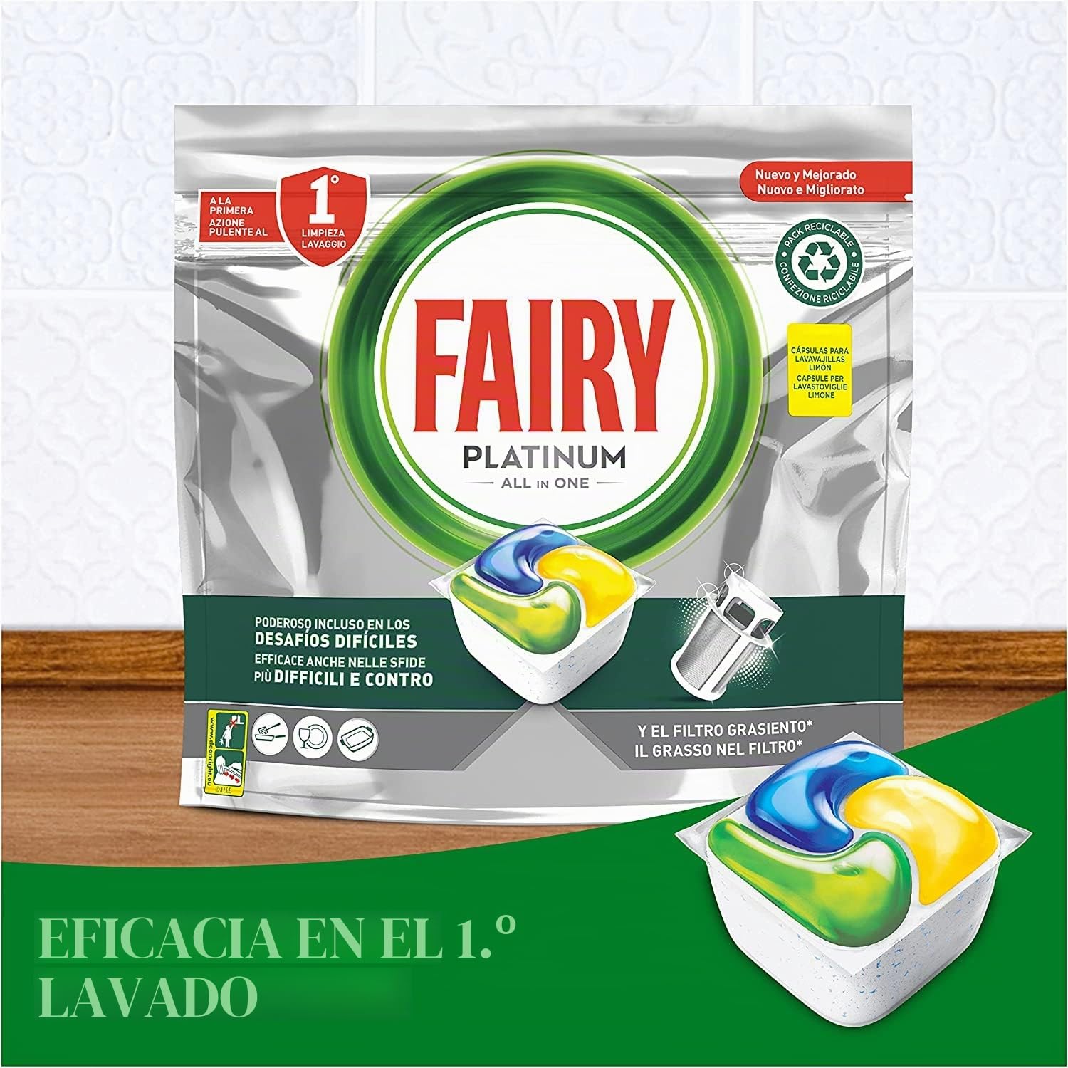 Fairy Platinum - Detergente en pastillas para lavavajillas, abrillantador, 204 cápsulas para lavavajillas, limón, con sistema de prelavado integrado, eficaz en los desafíos difíciles contra la