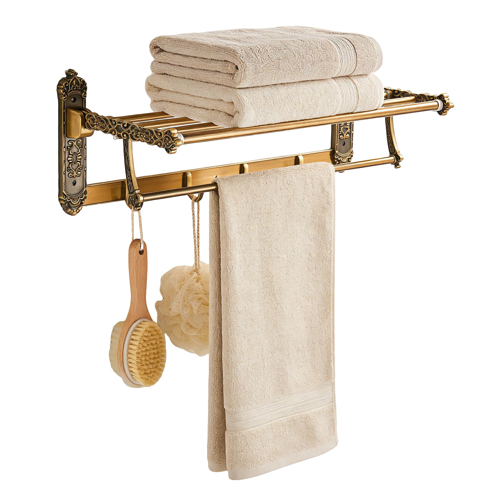 Greenwhim Gold Wall Mounted Bathroom Towel Rack With Shelf And Hooks, Foldable Towel Rail, Vintage Aluminium Towel Holder, Decorative Bathroom Storage Shelf For Towels, Robes
