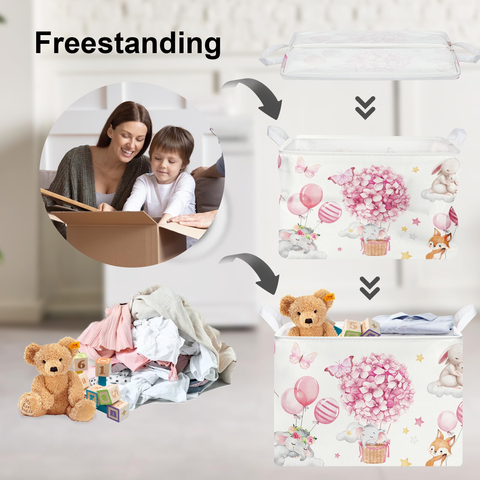 Clastyle Hot Air Balloon Flower Animal Toy Box Storage for Girls Room Elephant Rabbit Fox Rectangle Clothes Books Pink Storage Basket - Image 3