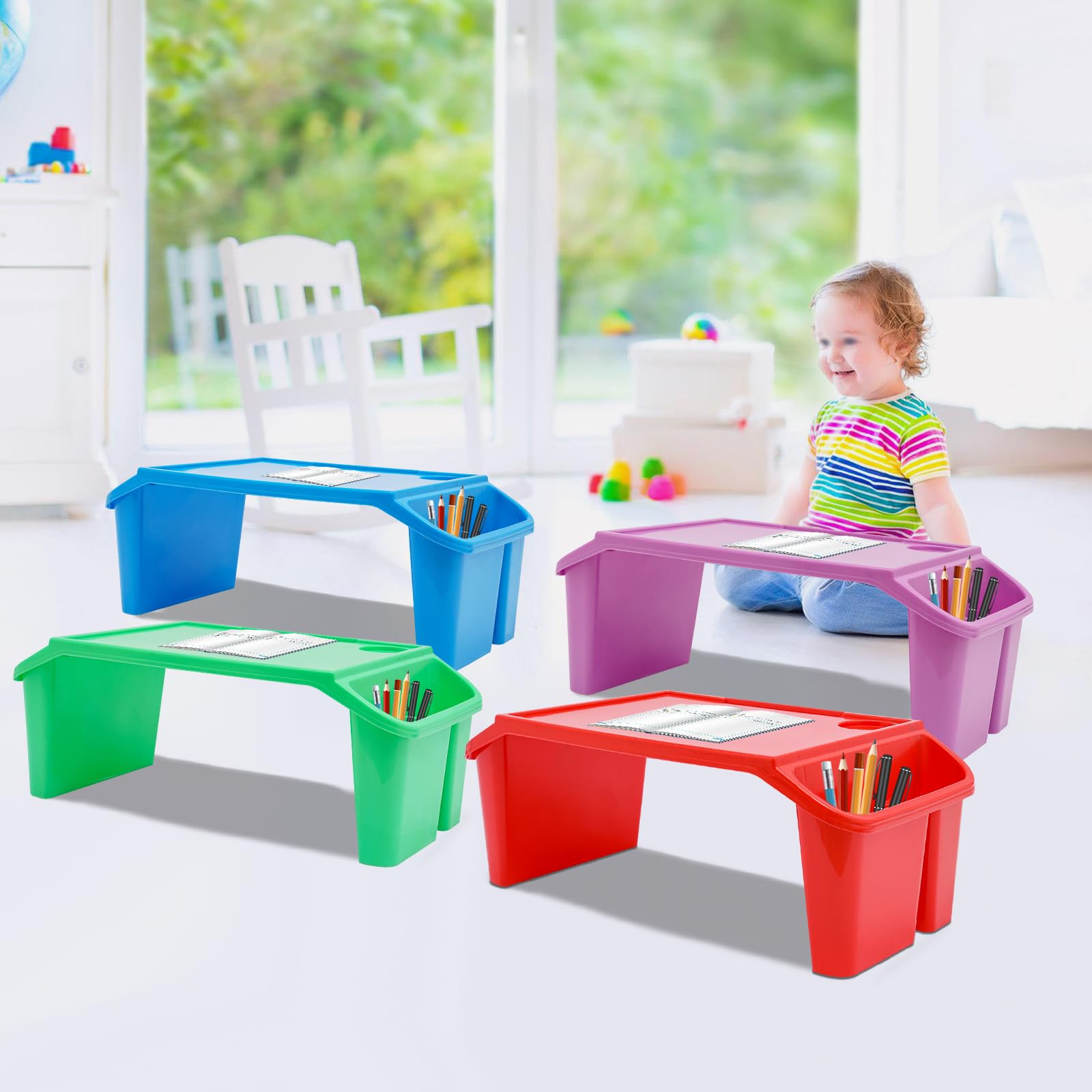 4 Pcs Kids Lap Desk Tray, Plastic Breakfast Laptop Trays with Side Pockets, Portable Lap Bed Table for Classroom and Home Use - Multicolour- Durable PP Material, Modern Design,5kg Load Capacity