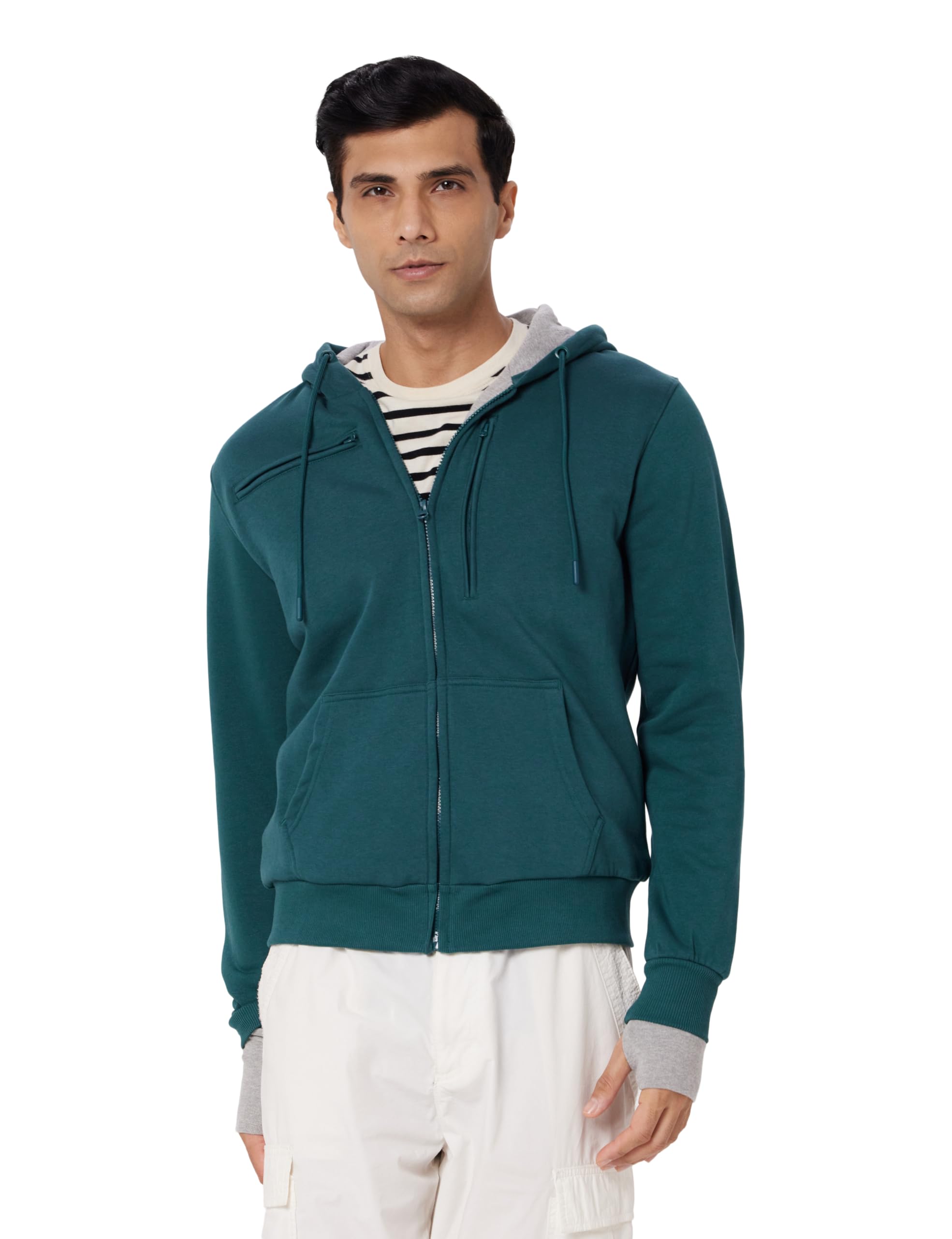 NOBERO Travel Hoodies for Man | 280 GSM Rich Cotton Fleece Solid Hooded Full Sleeve Sweatshirt | Stylish Casual Wear Winter Hoodies for Men |15 Utility Features , Tab & Drinks & earphones Holder, Charger & Sunglass Pocket, Microfiber Cloth, In-Built Gloves, Eye Mask