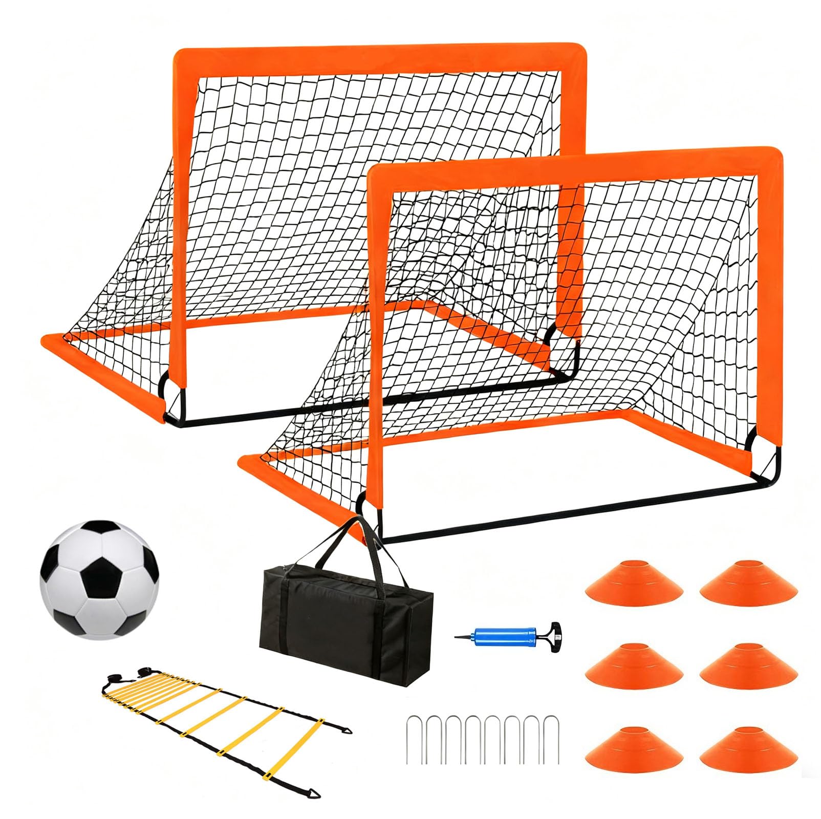 2 Pezzi Porta Calcio Adulti con Pallone, Pompa, Coni e Borsa Trasporto, Porte da Calcio Pieghevole per Giardino, Set Rete Calcio Portatile per Allenamento Casa, Cortile, Spiaggia, Indoor e Outdoor