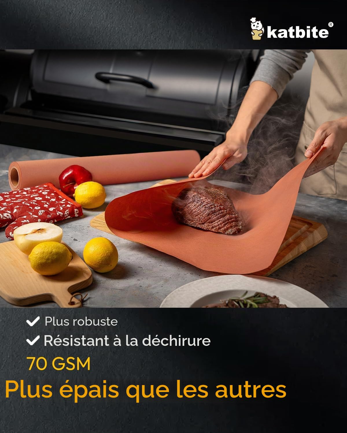 Katbite Papier de boucherie non blanchi non ciré, rouleau 11 m, largeur 43,5 cm - Papier kraft pour sublimation et barbecue, emballage alimentaire sûr