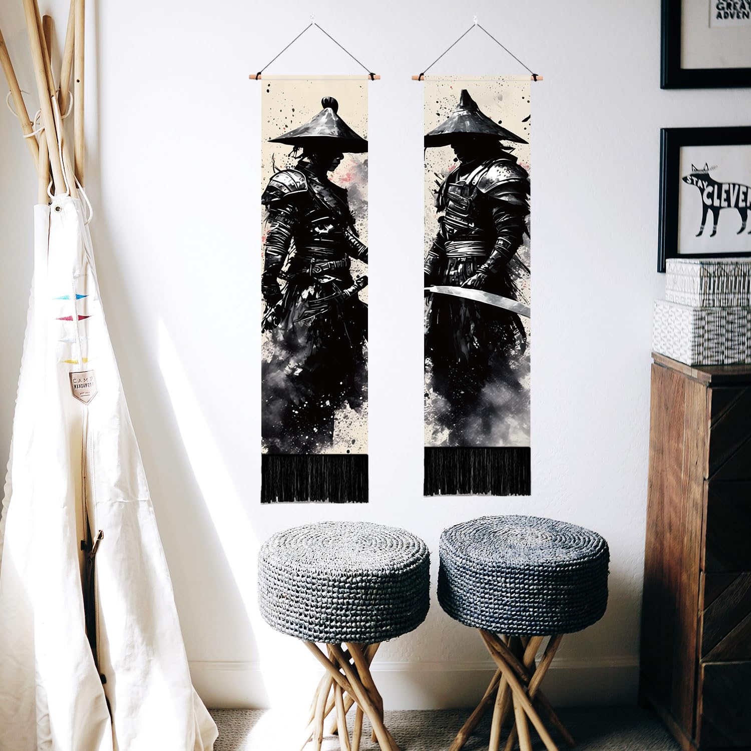 PLIGREAT 2 Pack Ink Style Tapestry Japanese Samurai Vertical Wall Hanging with Tassels Black Aesthetic Wall Tapestry for Bedroom Living Room Dormitory Backdrop Home Art Decor - Image 2