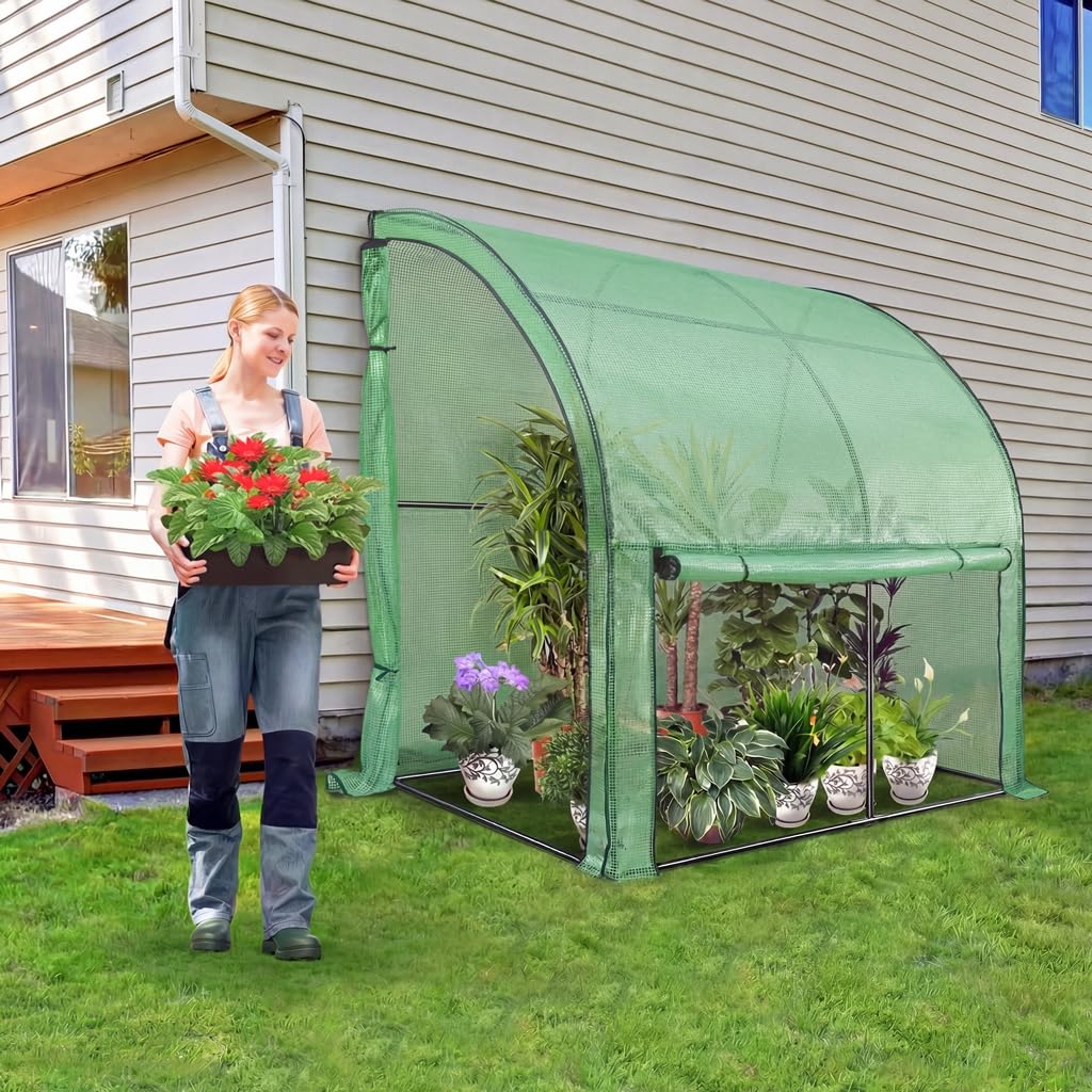 VOUNOT® Invernadero Jardín Inclinado Invernadero de Pared Respaldado, Invernadero Túnel Semicircular Plantas Verduras Flores, Cubierta PE Impermeable 135g/m² para Balcón y Terraza 200x100x180cm Verde