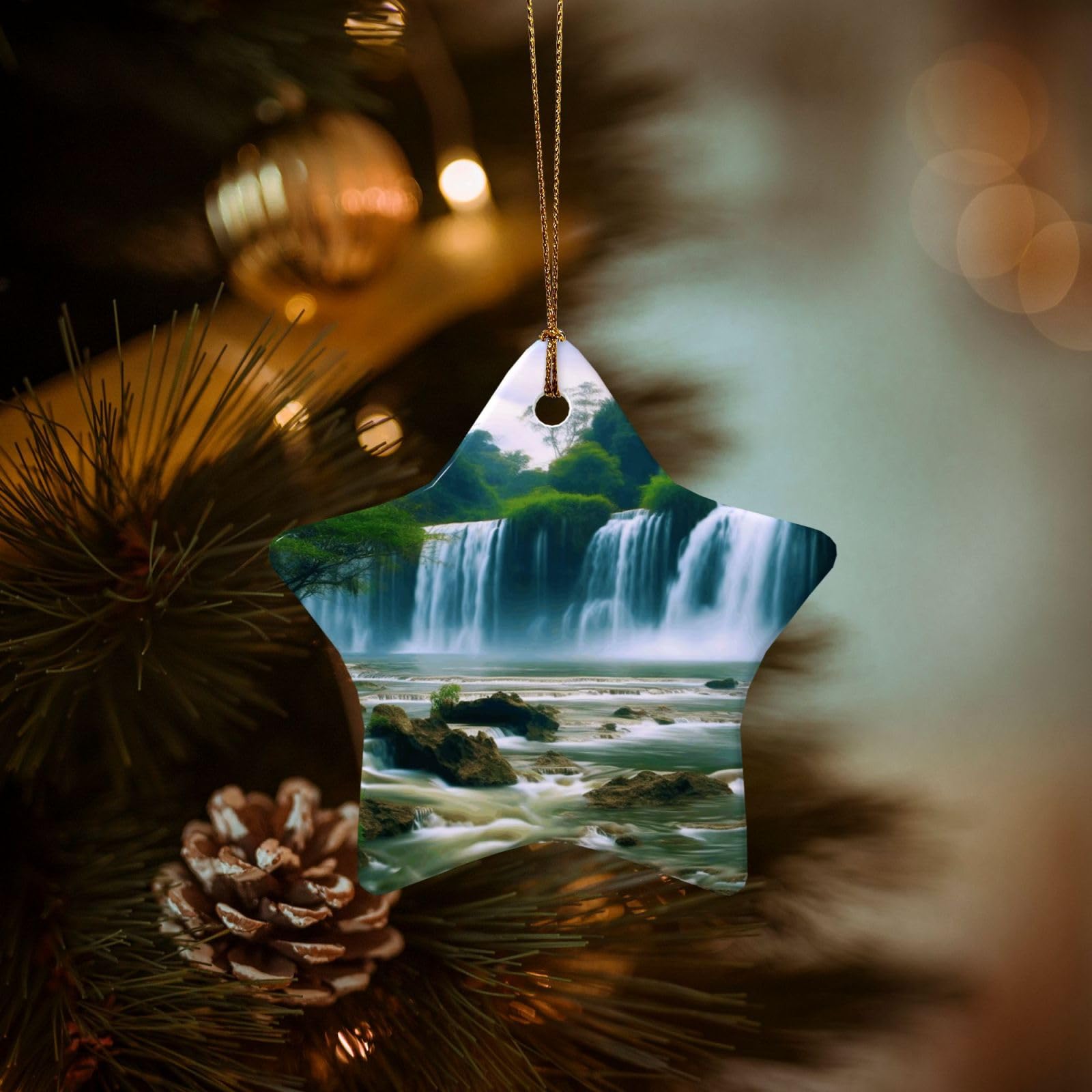 Christmas Ornaments for Christmas Tree Decoration Hanging Waterfall Scenery Ornament with Gold Ribbon Crafts Star Shape Ceramic Pendant for Keepsake Gifts Xmas Decor Party Supplies