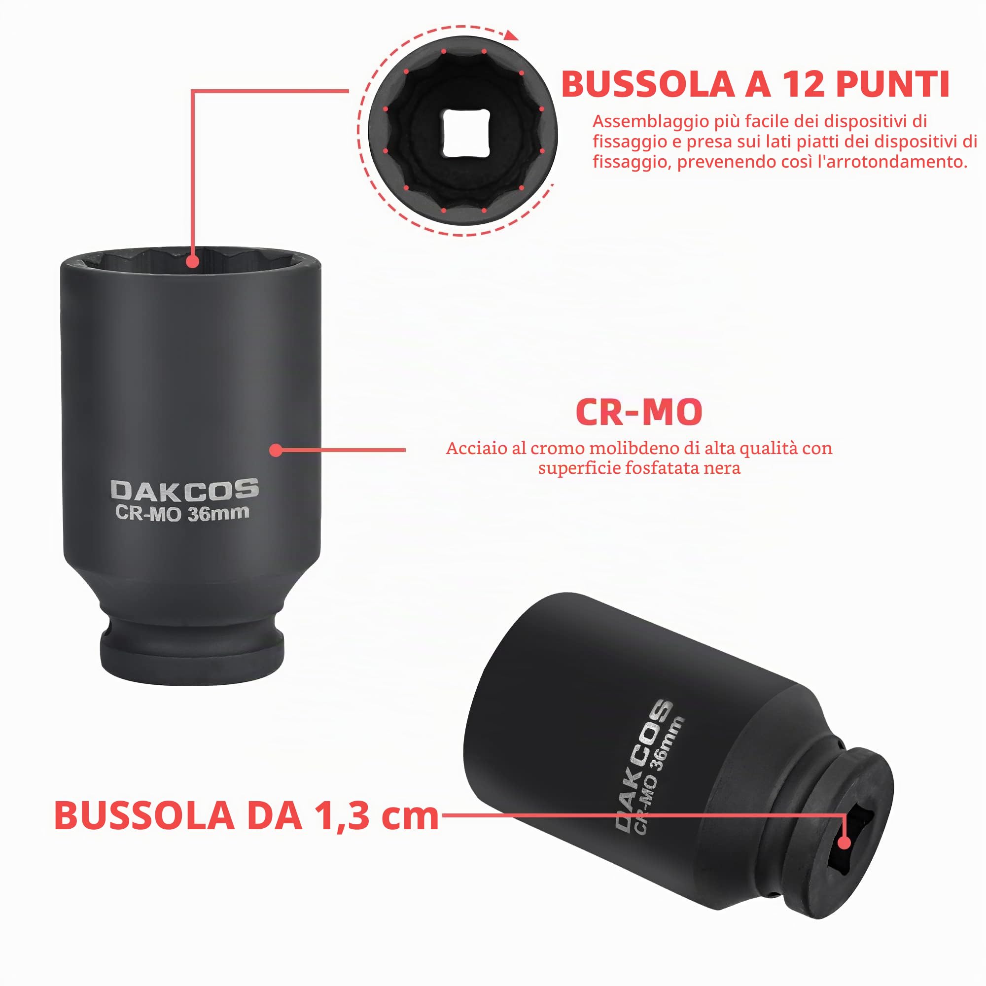 DAKCOS 8 Pezzi Set di Bussole a Impatto,Cinque 1/2" Bussola Poligonali a 12 Punte e Tre 1/2" Manicotto Esagonali Bit