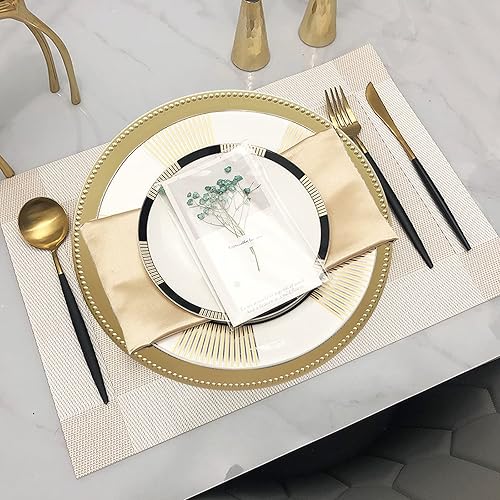 Miniatura 3 de Juego de 12 platos de carga dorados con cuentas. Cargadores de mesa de plástico reutilizables de 13 pulgadas para platos llanos