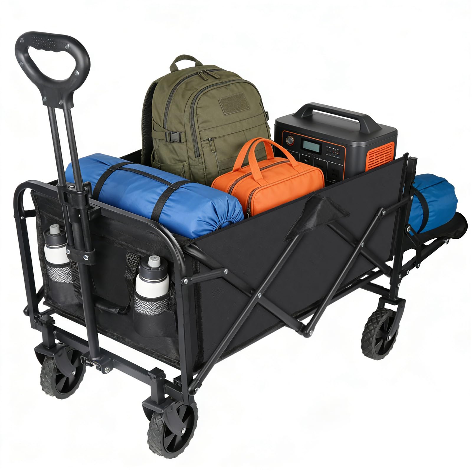 Chariot de Plage Pliable 120L (120KG), Chariot Pliable avec Hayon Arrière Rabattable à Plat pour Objets Longs, Chariot à roulettes 360° + 2 Porte-Gobelets, pour Camping & Shopping, Jardin