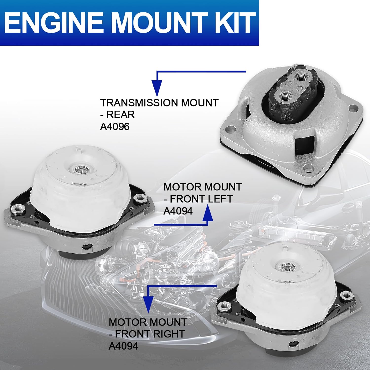 3PC Engine Motor & Trans Mounts Set (9940 9666) - Vibration Dampening Support - Fits GLE400 GLE43 AMG GLE550e, GLS450, ML350 ML400 (V6 3.0L/3.5L) - Models with Off-Road Package, Replaces A4094 A4096