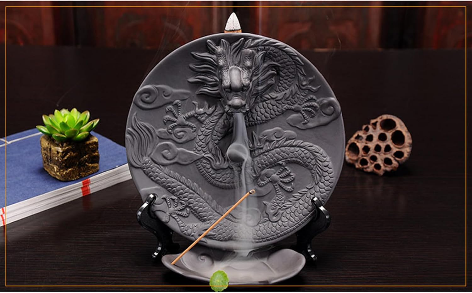 AETVRNI Dragon Backflow Incense Burner Both for Incense Stick and Backflow Cone, Ceramic Incense Holder Waterfall Burner, Feng Shui Statue,Black