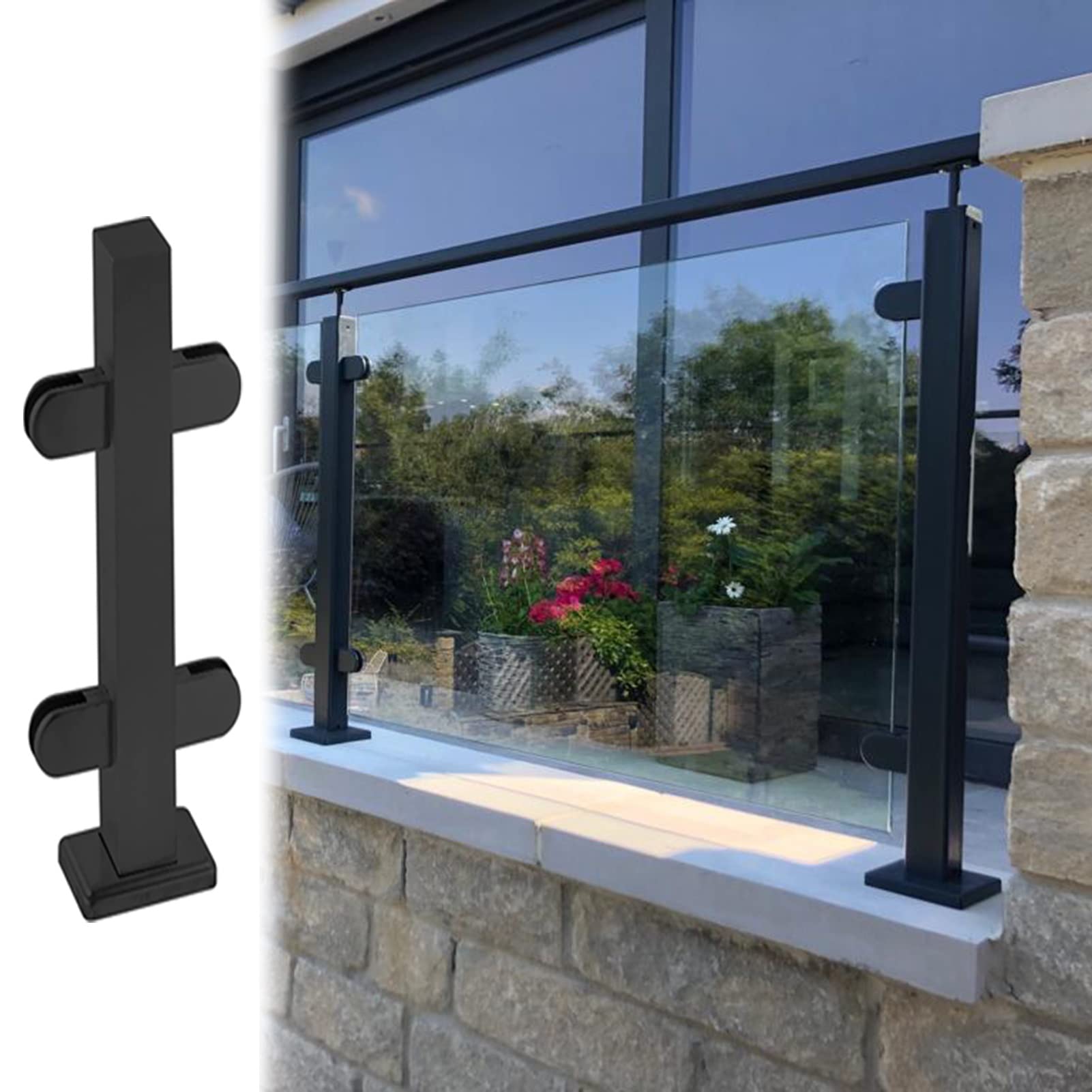 Gyeqxkt Black Mid Post Black Glass Balustrade Railing Post System For Hallway Deck Landing Heavy Duty Commercial Floor Standing Handrail Kit (Black H 140Cm/55.1In)
