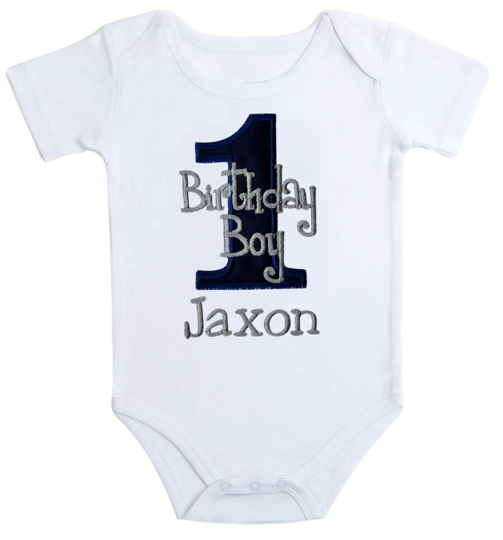 Funny Girl Designs Embroidered First Birthday Year 1 Bodysuit for Baby Boys with Your Custom Name (12 MONTHS, Navy Blue & Gray)