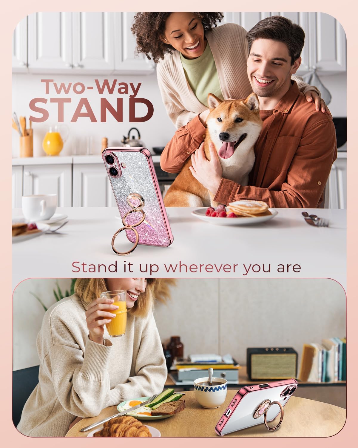 XYZ for iPhone 17 Case with Stand, Phone Case with Double Ring Kickstand, Women Girls Bling Luxury Glitter Clear Phone Case Cover Heart for Apple 17, Rose Gold - Image 6