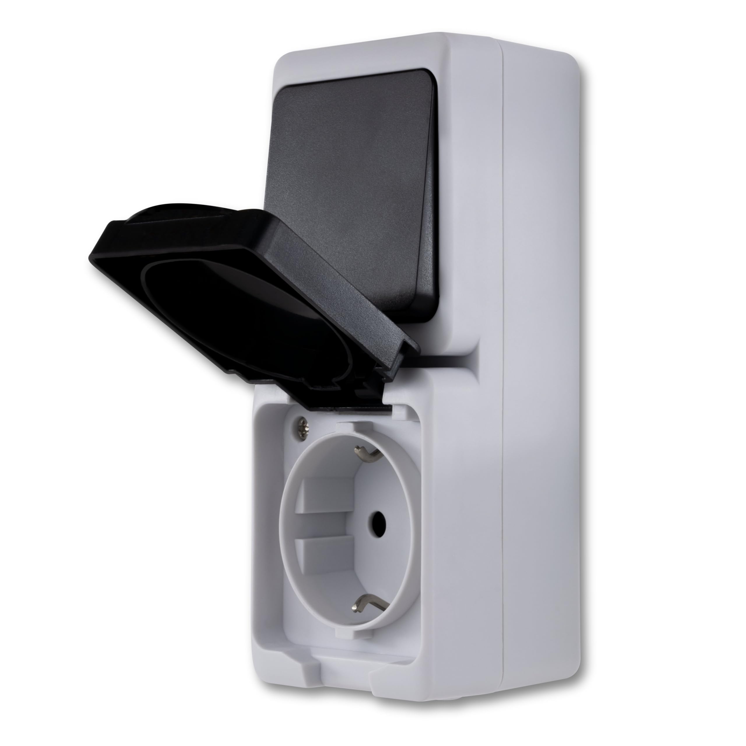 REV - AquaMini, Steckdose - A/W Schalterkombi Feuchtraum, 38% weniger Volumen, HxBxL: 48x56x145mm, IP54, zweipolig, 16A, Aufputz, grau