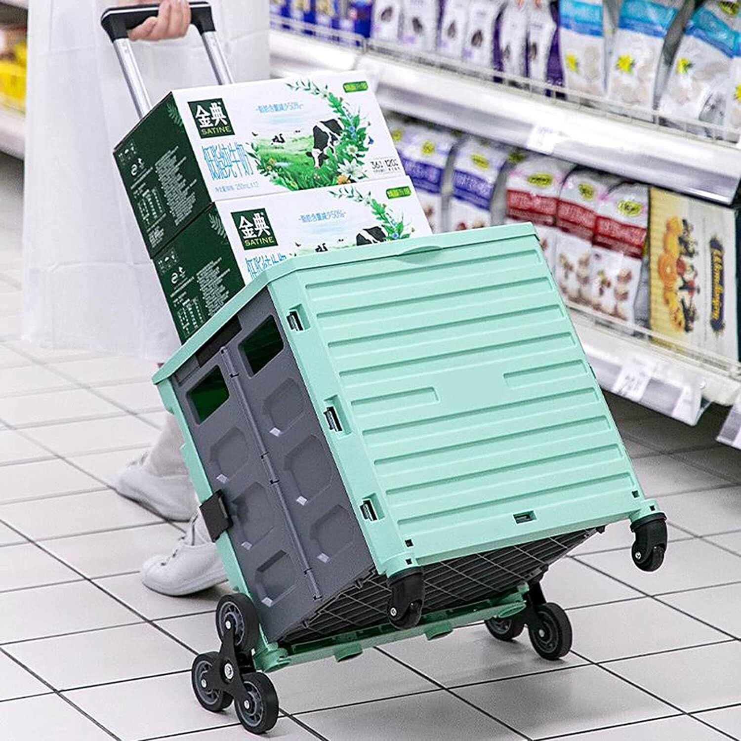 Wózek na zakupy, wózek spożywczy, wózek na zakupy, z 4 uniwersalnymi kółkami, składany, supermarket, torba na zakupy, odporna na zużycie, bezgłośna, obracana o 360°, dla kobiet, mężczyzn, podróży,