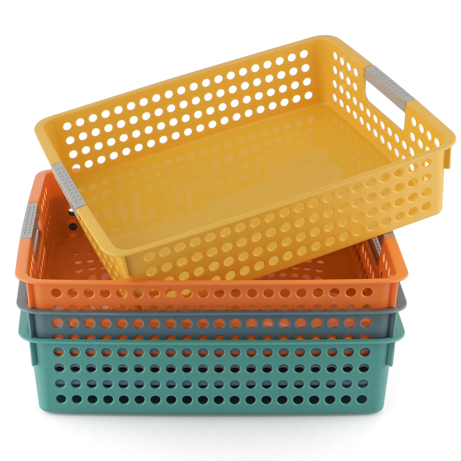 Skelang Stackable A4 Paper Tray, 4 Pcs Plastic Storage Basket, Colourful Organizer Basket with Handles for Classroom, Office, Kitchen, Bathroom (4 Colors)