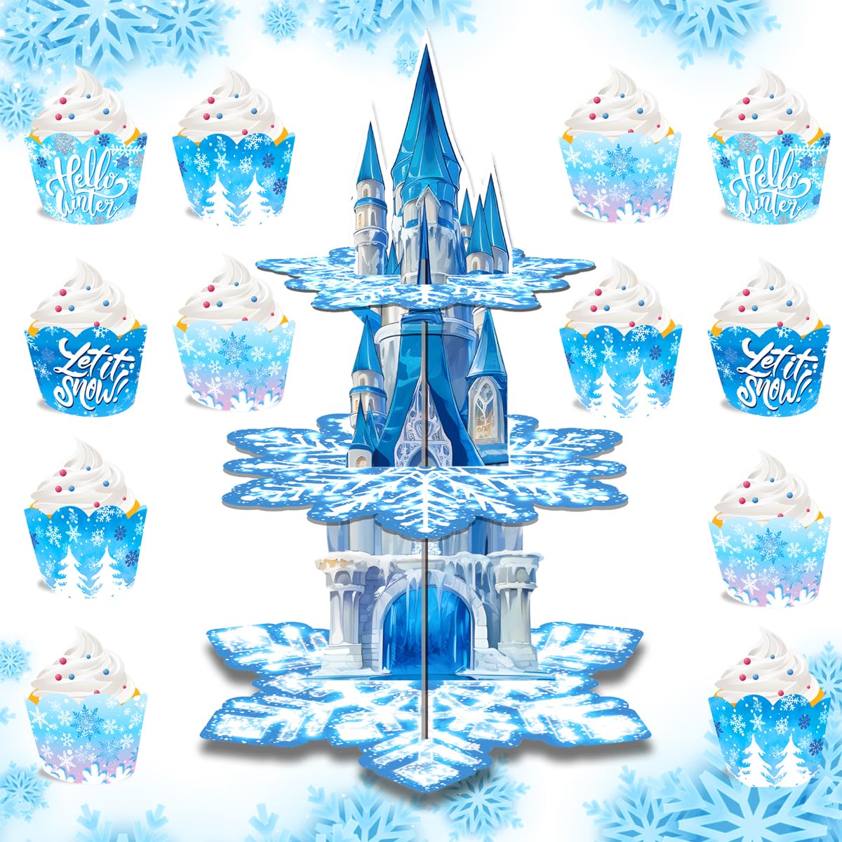 Anvin Alzata A 3 Ripiani Per Cupcake A Forma Di Fiocco Di Neve – Cartone – 48 Cm – Decorazione Centrotavola Per Feste - 4