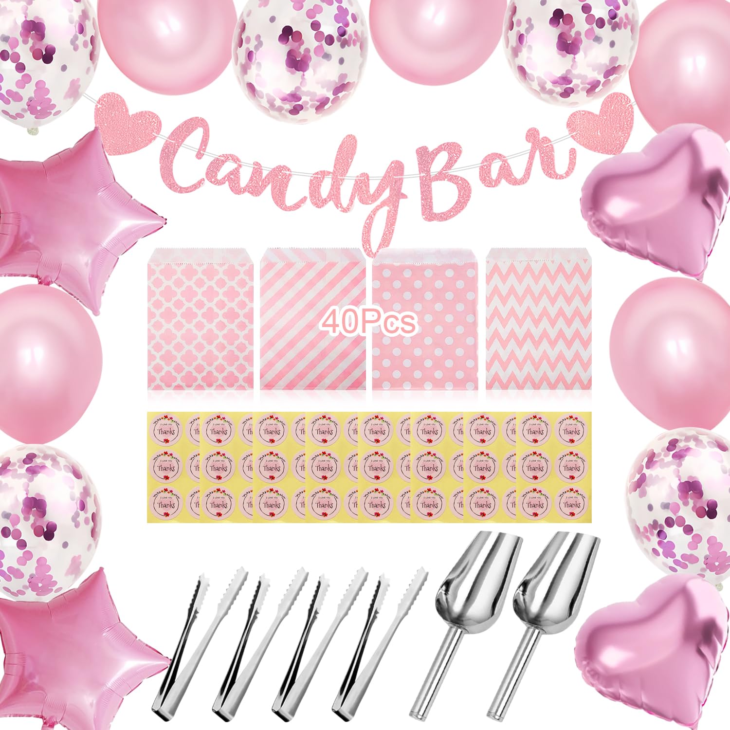 69 Pezzi Candy Bar Accessori per Candy Bar Accessori Candy Bar Sacchetti per Candy Bar Paletta Ghiaccio Pinza Ghiaccio Adesivi Candy Bar Banner Palloncini per Decorazioni Matrimoni Compleanni e Feste(
