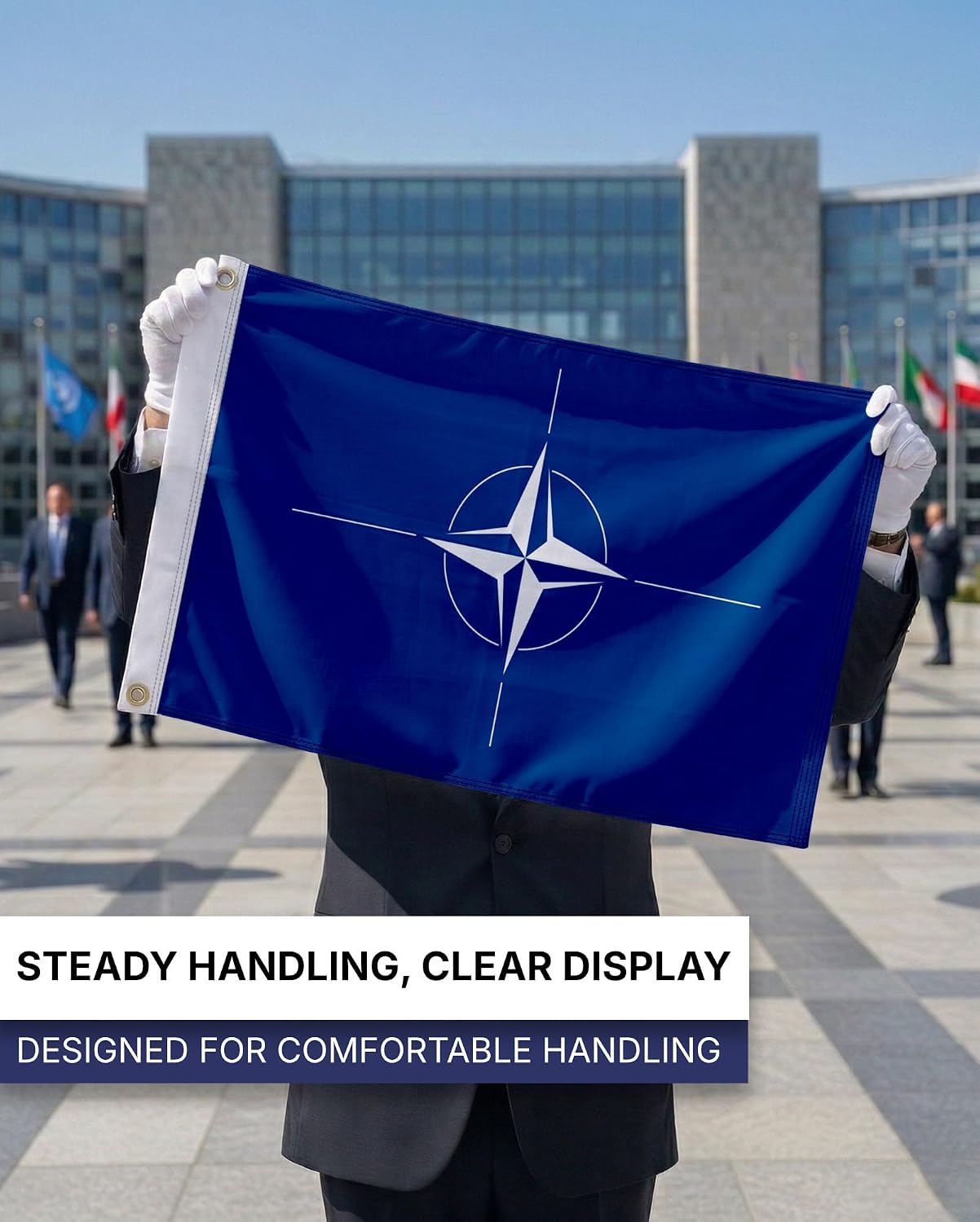 AGAS NATO North Atlantic Treaty Organization Atlantic Alliance Flag 3x5 ft 200D Nylon Fabric Double Stitched Canvas Header Brass Grommets Fade Resistant & Vivid Colors Can be Hung on Flagpole Outside or Indoors on a Wall
