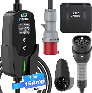 EVDANCE Mobile Wallbox 11 kW [7.8 m 3-Phase 6-16A] Type 2 Charging Cable CEE 16A to Type 2 with Adjustable Charging Power for Electric Car