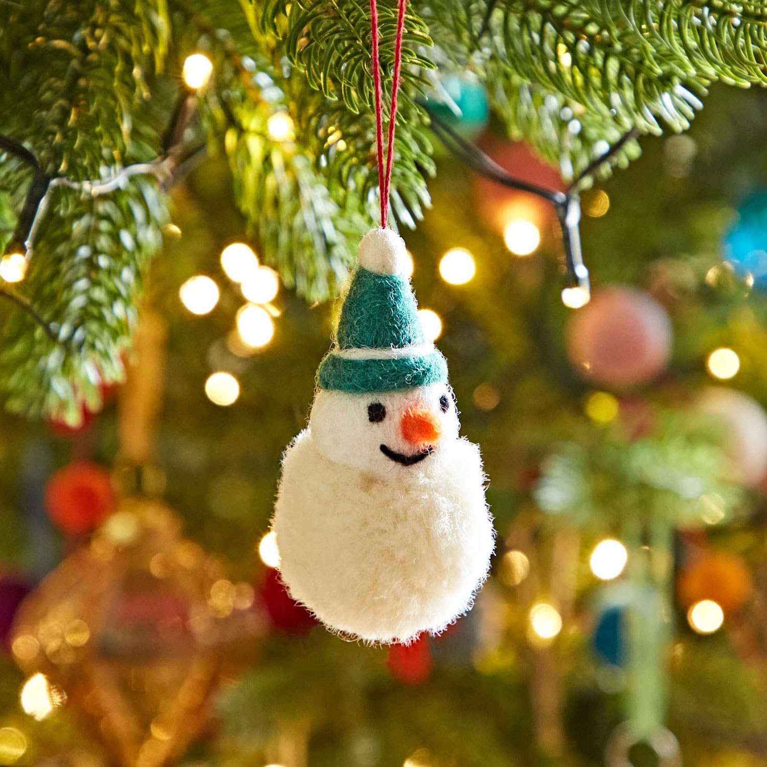 Felt Snowman Pom Pom Bauble - Felted Ornament - Wool Christmas Bauble - Felt Handmade Xmas Décor - Classic Tree Ornament (Green)