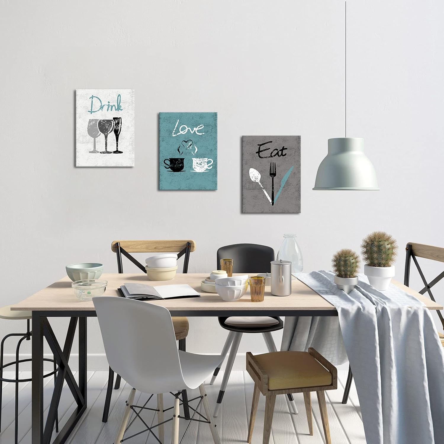 FuShvre Turquoise Kitchen Decor Fork Knife Spoon Wall Decor Eat Canvas Art Pictures for Dining Room Eat Drink Love Paintings for Farmhouse Bar Cafe Framed 12x16 inch Each Piece