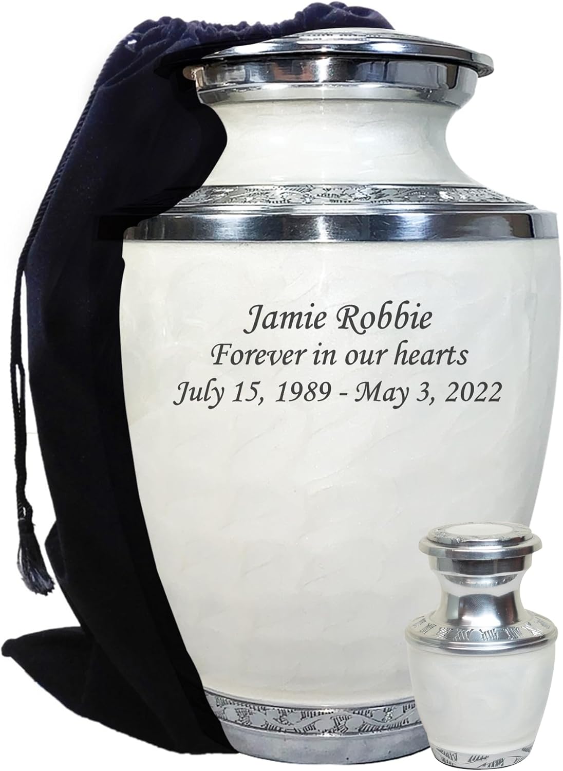 White Large Size Adult Urn for Ashes, Memorial Cremation Urns with Custom Engraving, Matching Keepsake and a Velvet Bag
