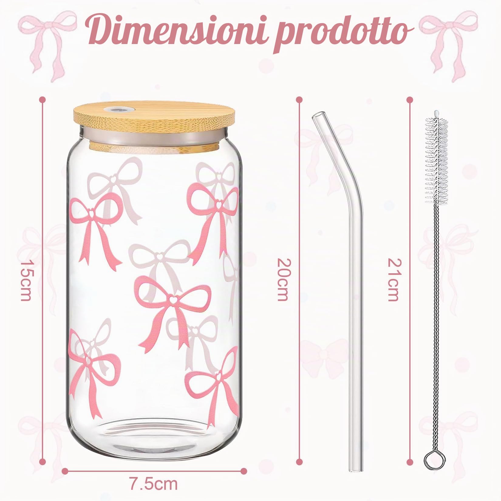 1 tazza di vetro Bow da 500 ml con coperchio e cannuccia da 16 once, per caffè, bibite, cocktail e molto altro ancora
