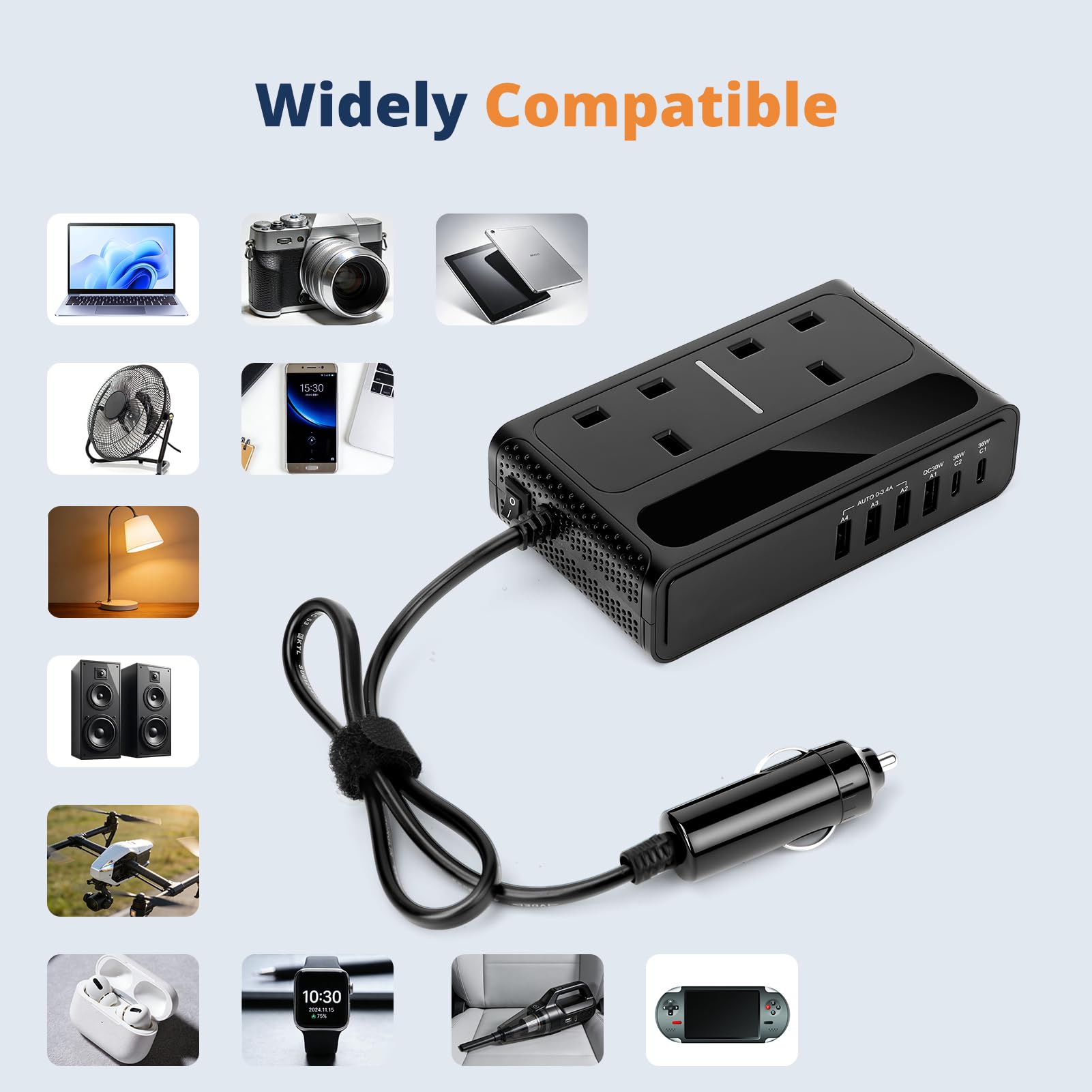 8 in 1 200W Car Power Inverter with 2 Sockets, 4 USB Ports and 2 Type-C Ports,Car Charger Adapter Convert 12V to 240V 230V AC Auto Power Inverter for Camping Van Caravan — view 7