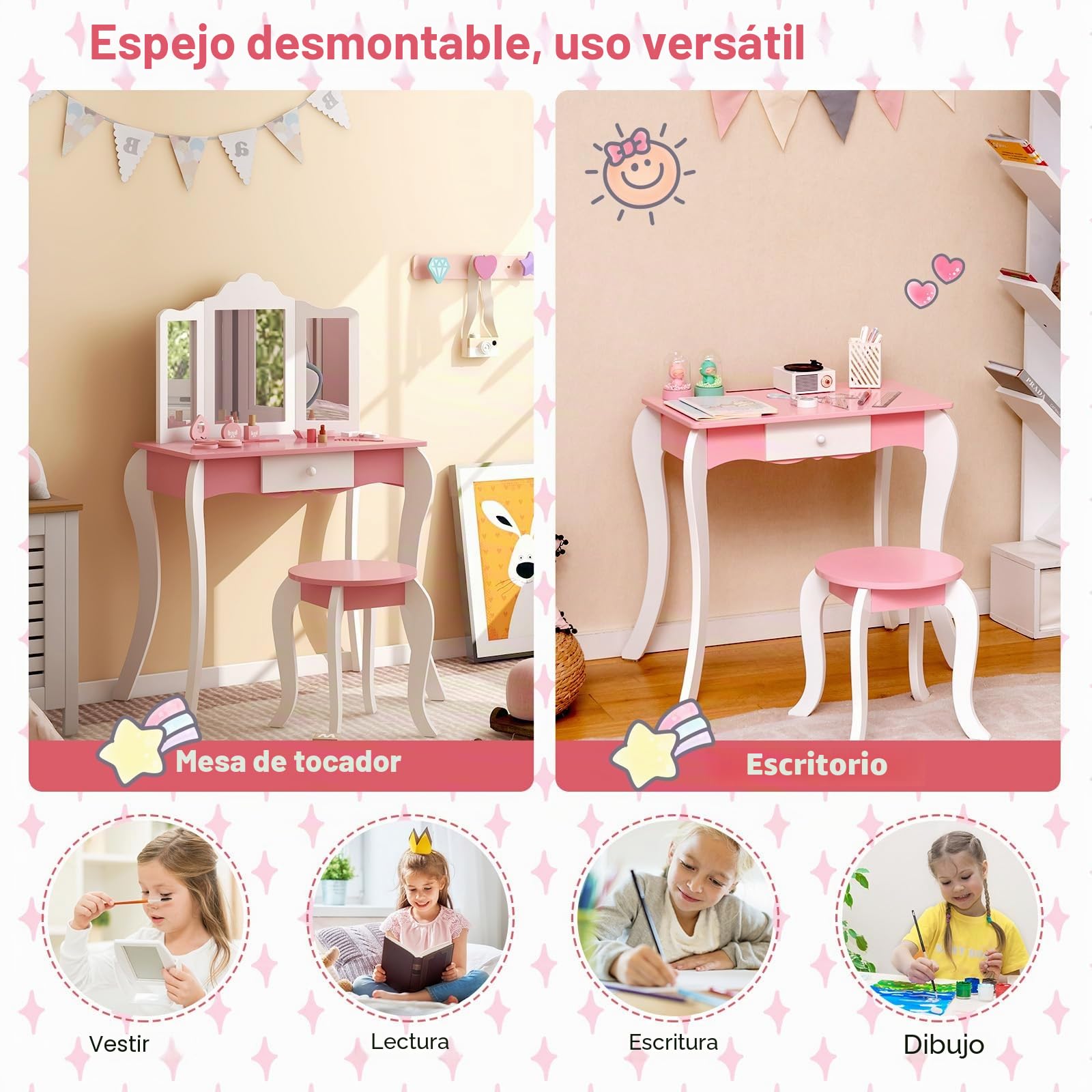 GOPLUS Tocador Infantil 2 en 1 con Espejo de 3 Solapas