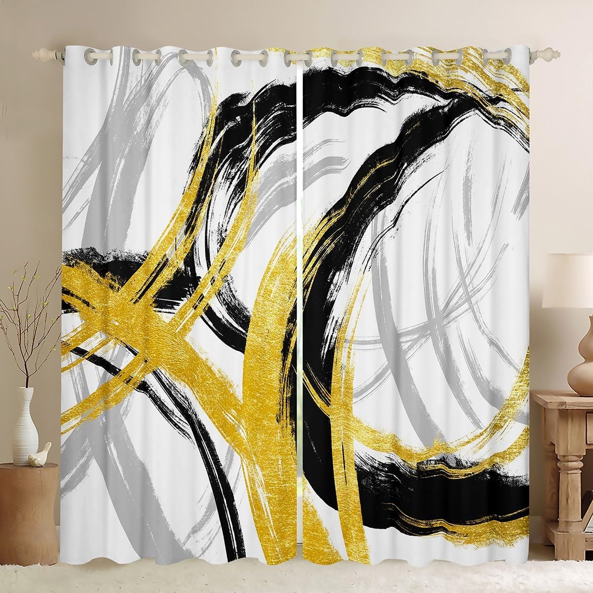 jejeloiu Gold Black Curtain for Kids Boys Girls Modern Striped Window Drapes (2 Panels, 38 x 45 Inch) Abstract Art 30%-50% Blackout Shades Bedroom Decor Soft Microfiber Geometric Window Treatments