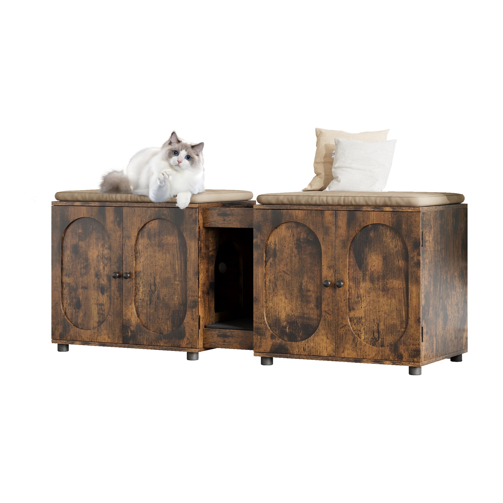 Meuble Litière pour Chat Double en Rotin, Maison de Toilettes pour Chat d'Intérieur avec Entrée et Range Chat, Meuble Litière Chat