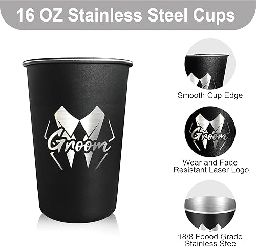 Miniatura 3 de PartyGifts&beyond Regalos de padrinos de boda, 7 tazas de 16 onzas para el novio y el escuadrón del novio para despedidas de soltero, vasos de acero