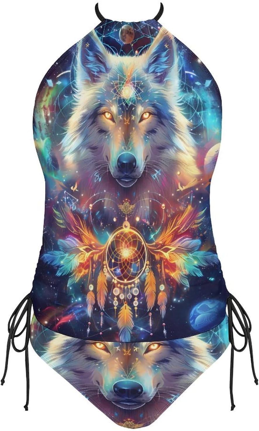 Abstract Wolf Galaxy Women's Tankini Swimsuit Two Piece Tummy Control Bathing Suits Tie String Swimwear