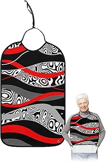 Adult Bibs for Elderly Women - Red Geometric Waterproof Dining Clothing Protectors with Crumb Catcher for Eating/Feeding, Black White Zebra Striped Print Abstract Art Terry Cloth Bib Washable