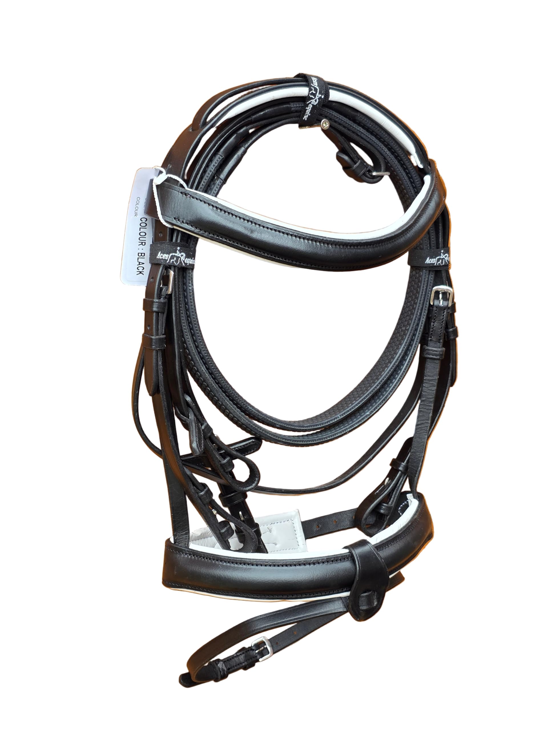 Bonfire Comfort Horse Bridle Black And White Premium Leather with Padded 1.5 Inch Noseband Raised Browband Detachable Flash Strap Stainless Steel Fittings and Leather Rubber Grip Reins (Full)