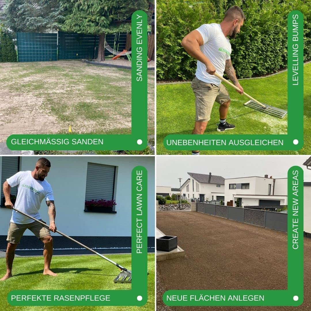 RISISANI® Rasenrakel | 80x30cm | V2A-Edelstahl rostfrei | 100% Made in Germany | Ohne Stiel | optionaler Adapter für Gardena Stiele separat erhältlich | Rasen sanden und Rakel