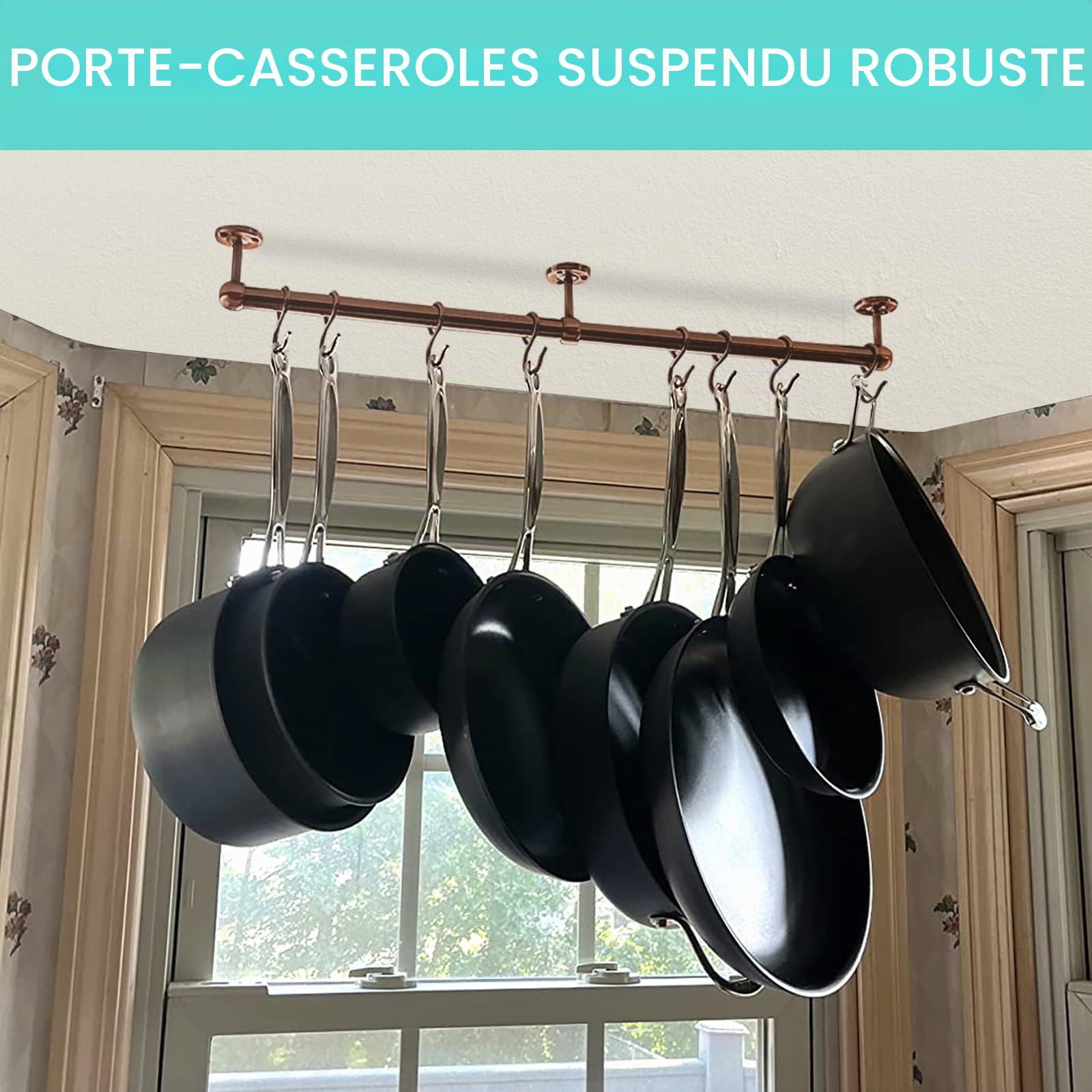 Rothley Support à suspendre pour casseroles et poêles en acier inoxydable de 60 cm - Support mural pour casseroles et poêles - Support mural pour cuisine avec crochets (cuivre antique)