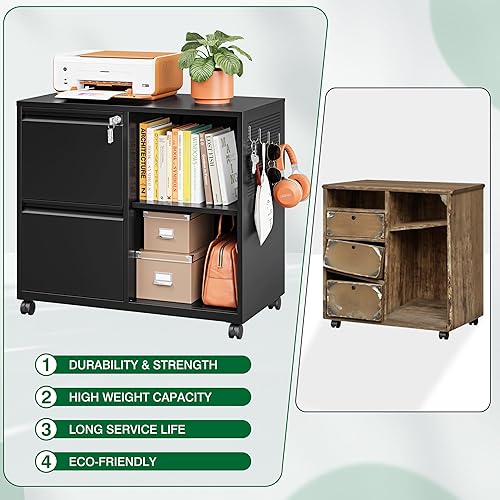 Miniatura 7 de LISSIMO Archivador lateral, archivador de 2 cajones con cerradura para tamaño A4 o carta para oficina en casa, soporte de impresora móvil con