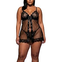 Plus Size Lingerie for Women, Sexy Lace Babydoll Chemise, Swiss Dot Mesh Nightie Sleepwear 1X-5X