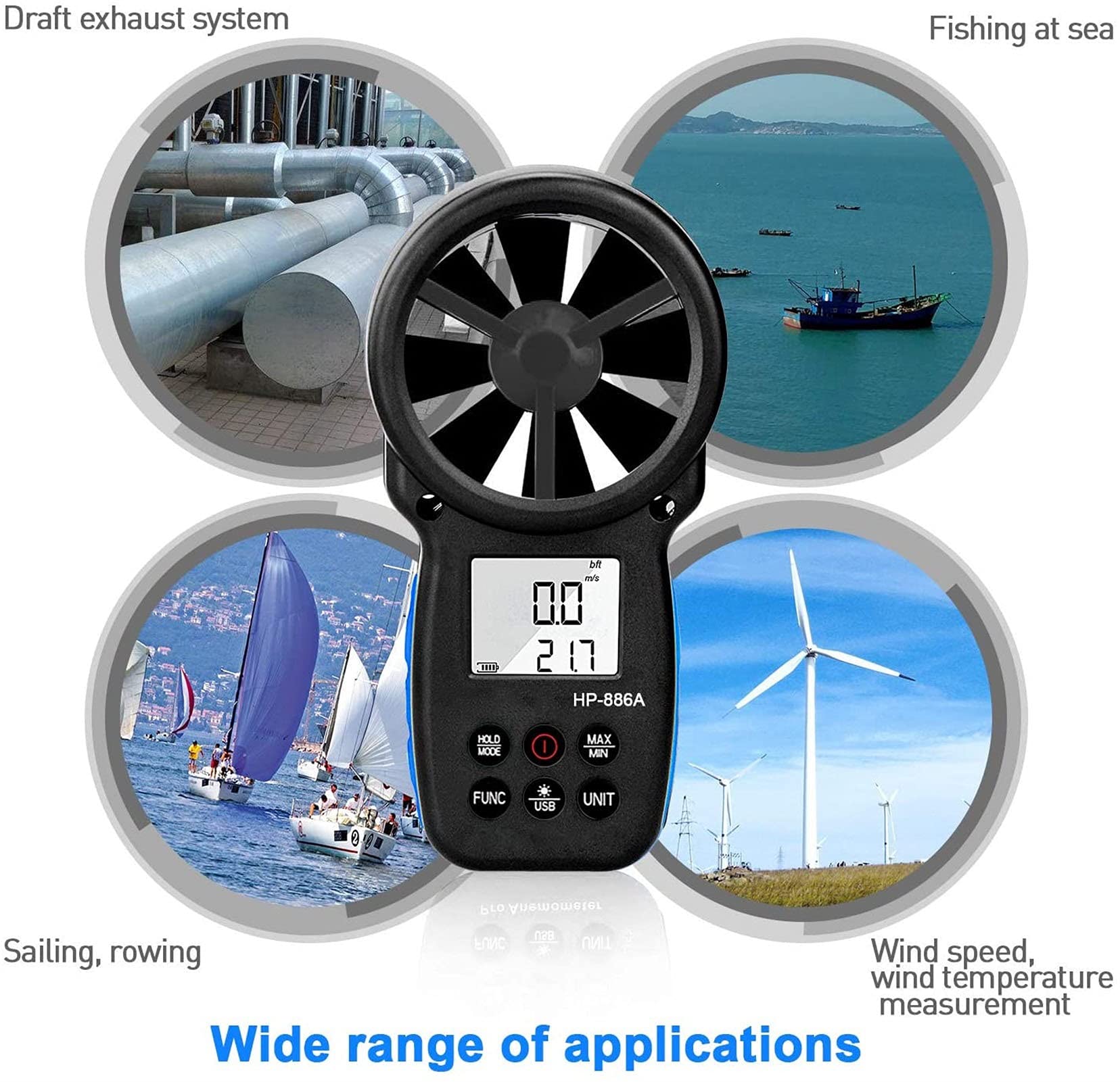 Medidor de velocidad del viento for medir la velocidad del viento, la temperatura, la configuración del área de flujo de aire con los datos retroiluminado y la humedad relativa