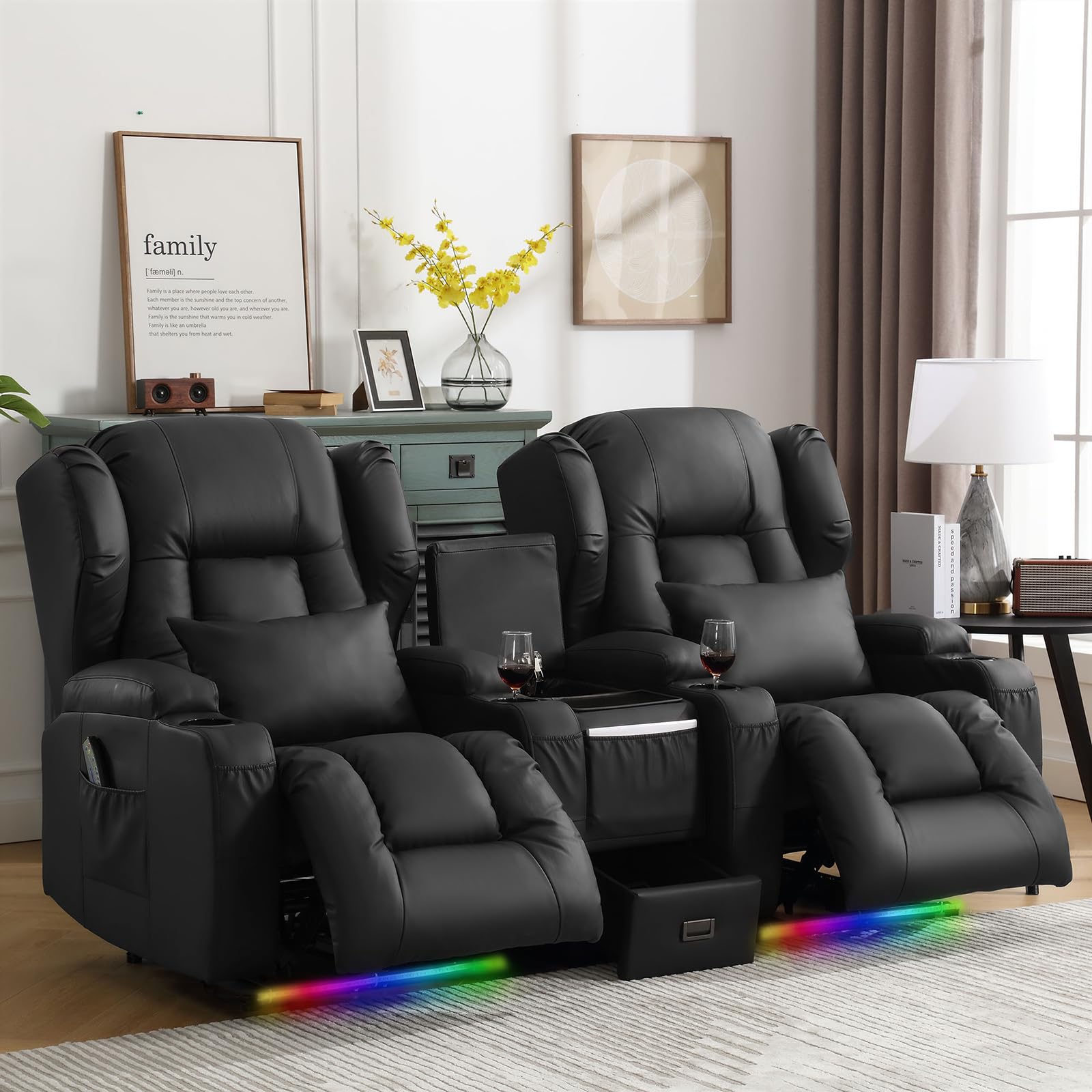 Elektrisch Verstellbar Relaxsessel mit Liegefunktion Kunstleder Fernsehsessel TV Sessel Massage Wärme LED USB bis 150 kg Schwarz 2er Set