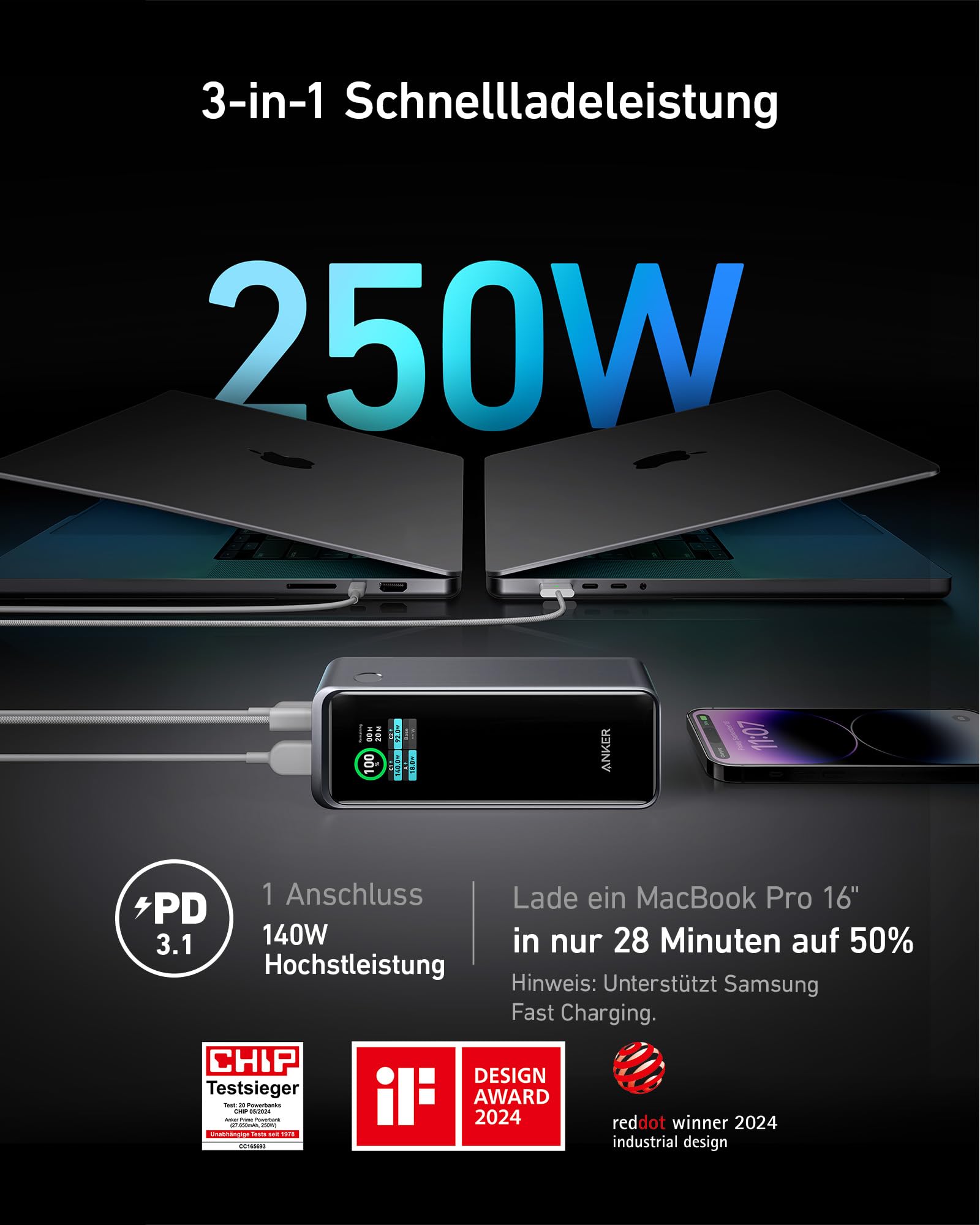 Anker Prime 27.650mAh Power Bank (250W), 3-Port Powerbank, Smarte App Kontrolle, Kompatibel mit MacBook Pro/Air, iPhone 15/14 Serie, Galaxy, AirPods, und mehr (Ladestation separat erhältlich)
