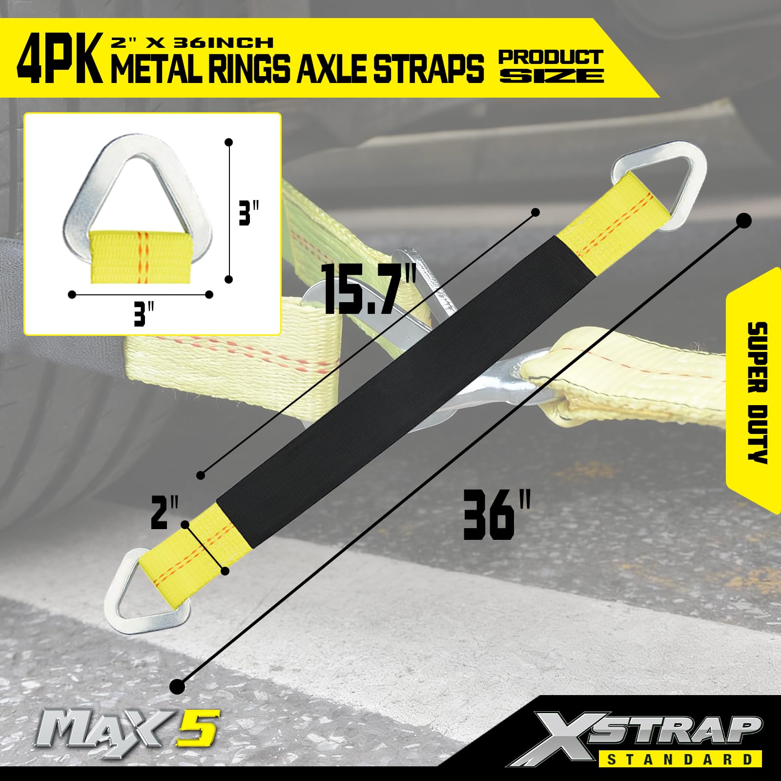 XSTRAP pasek na oś 91 x 5 cm, z tuleją ochronną i pierścieniem D do zabezpieczenia transportu samochodu, paski do mocowania osi - 1,511 kg, pojemność 10 000 sztuk wytrzymałości na rozerwanie