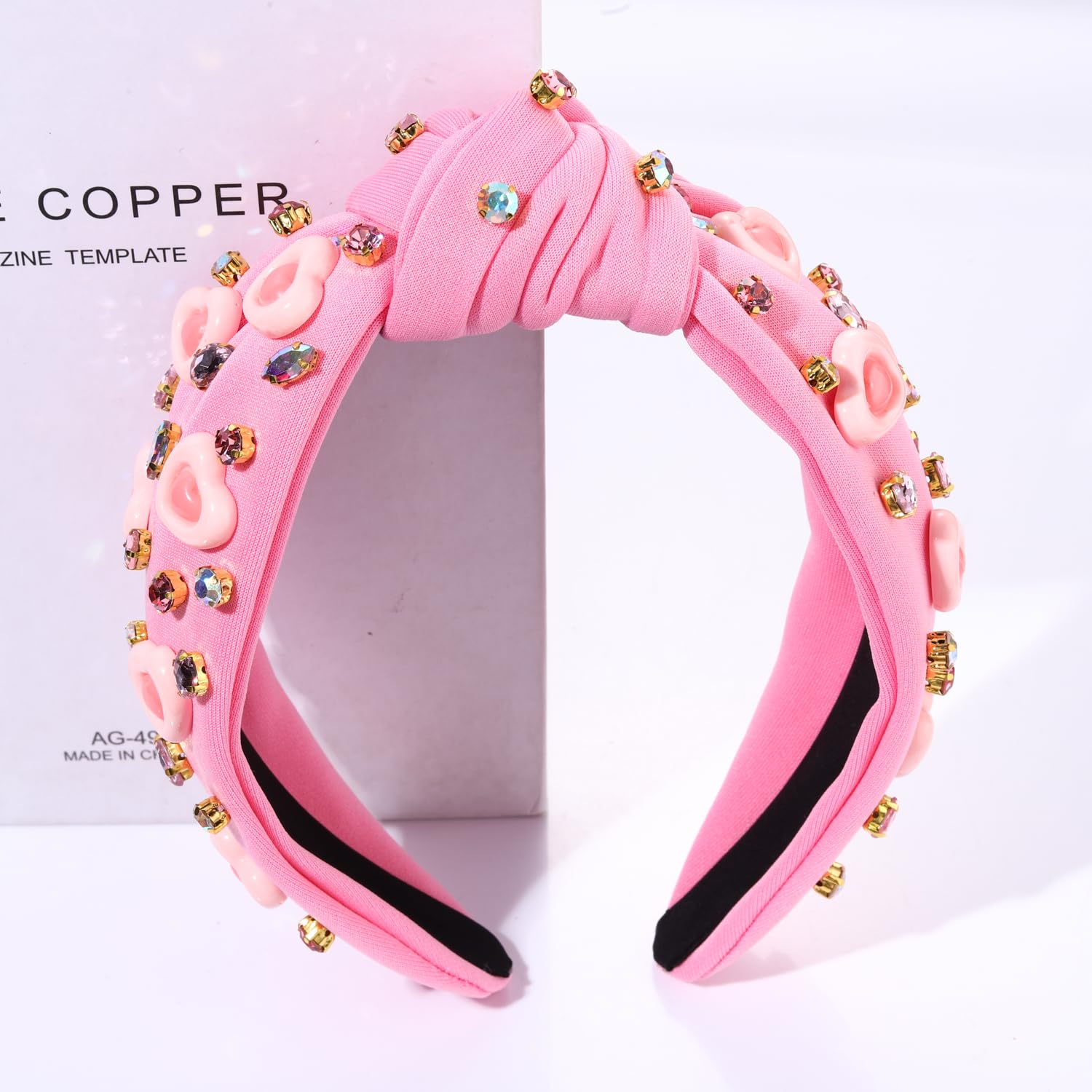 MOLOCH Pink Heart Headband for Women Valentine's Day Headbands Crystal Knotted Bejeweled Wide Velvet Fashion Hairband Valentines Galentines Day Gifts Hair Accessories for Party Decorations - Image 4
