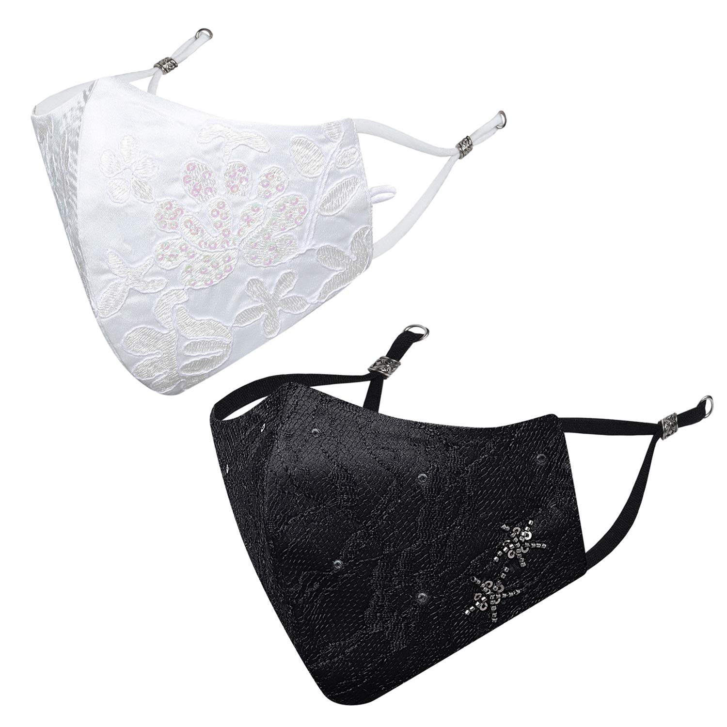masq By Q-One Starburst 4 Layer, Reusable, with Detachable Chain & Ear Adjusters, Anti-Bacterial (BFE>99%) Satin Cloth Face Mask Combo for Women, Girls (White-Black, Pack of 2)-picture-11