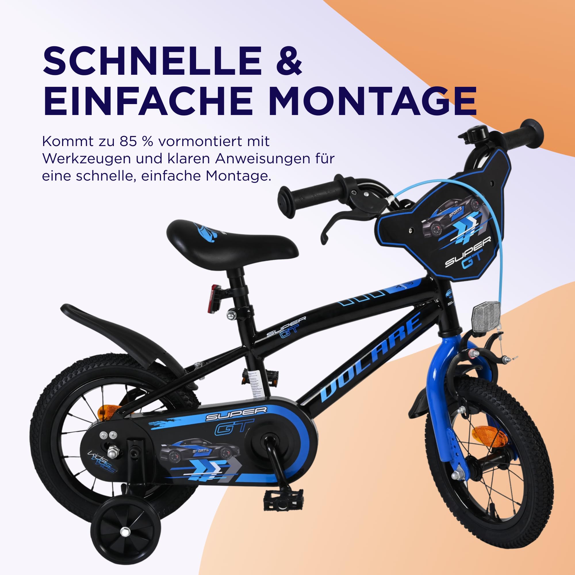Volare Super GT Kinderfahrrad blau 14 Zoll | 3,5–5 Jahre | 2 Handbremsen, Stützräder, Kettenschutz, Reflektoren | Verstellbarer Sattel | Geschenk für Jungen & Mädchen
