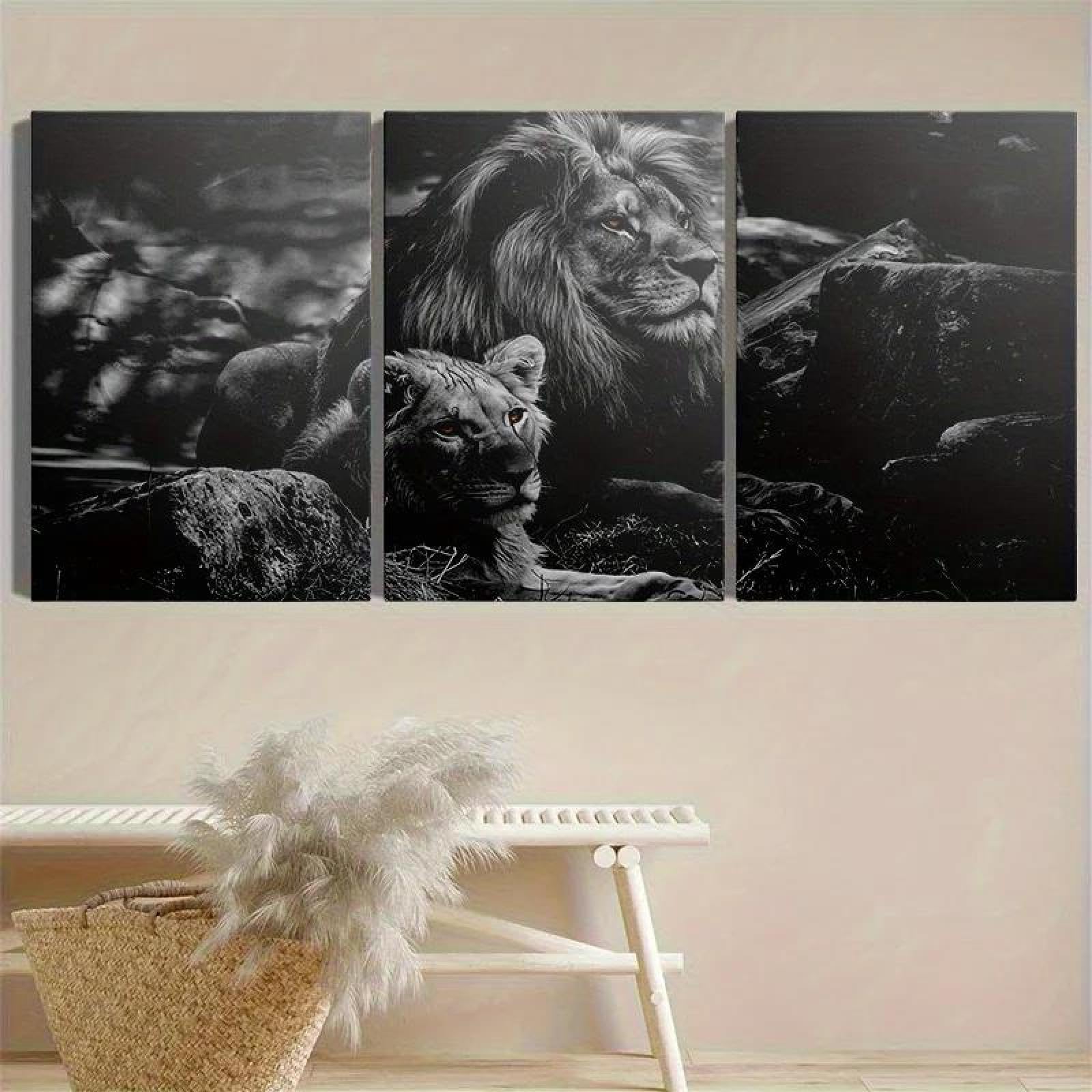 Yocheng 3PCS Canvas Wall Art -Majestic Lions Black And White Art Prints, Bright Aesthetic Decoration For Living 21x30cmx3 No Frame